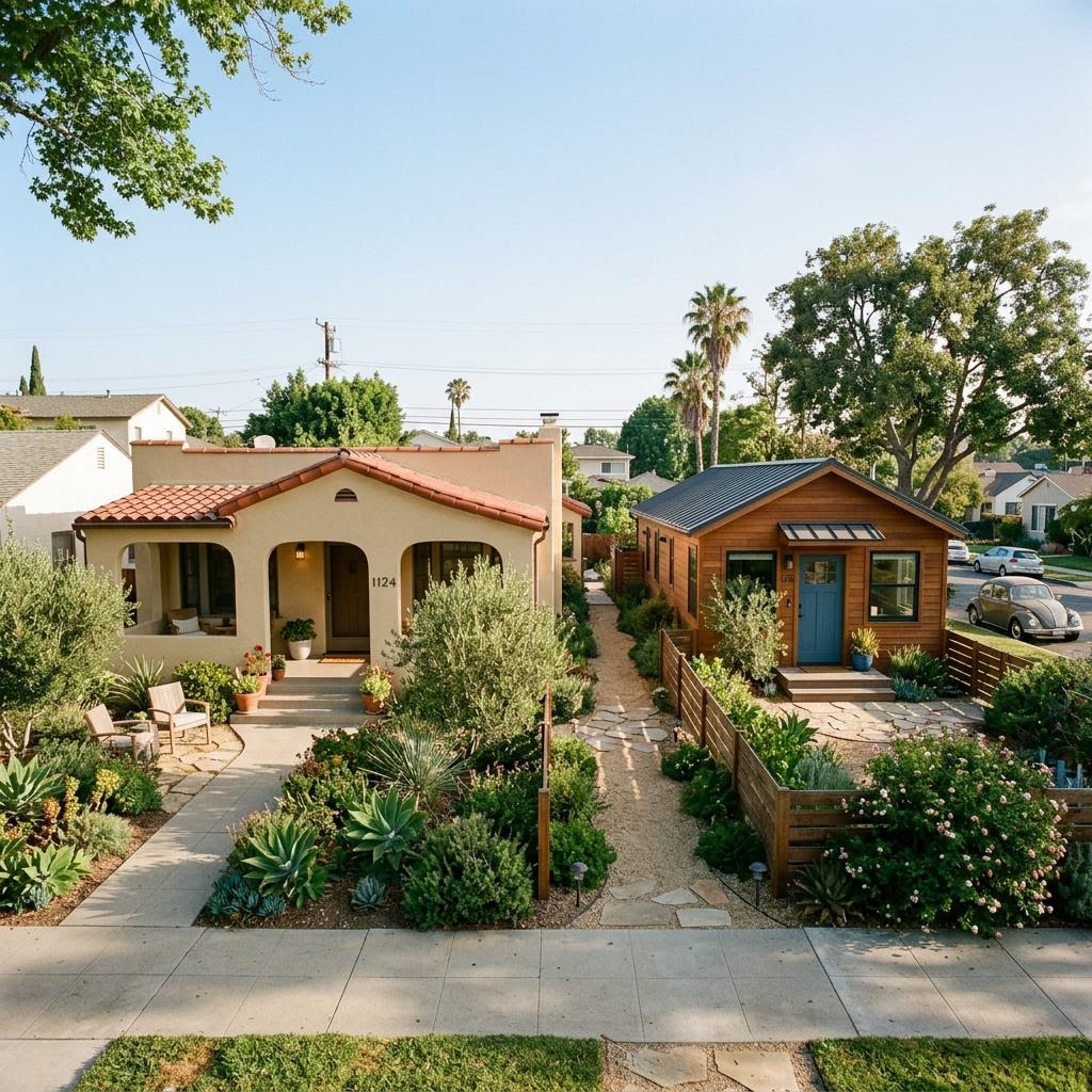 Representative illustration of a Los Angeles primary bungalow and detached ADU, not an approved condominium subdivision