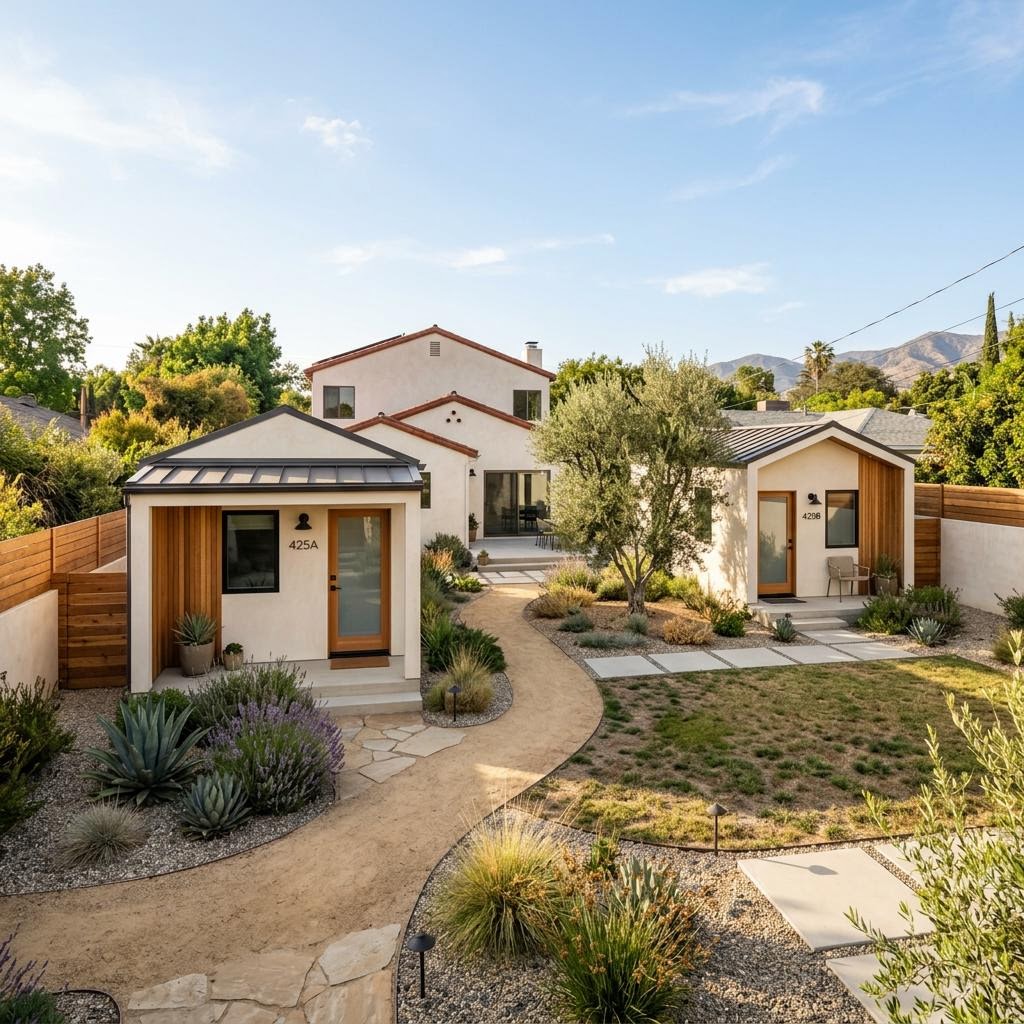 Concept illustration of two separate single-story backyard ADUs beside an existing Los Angeles home