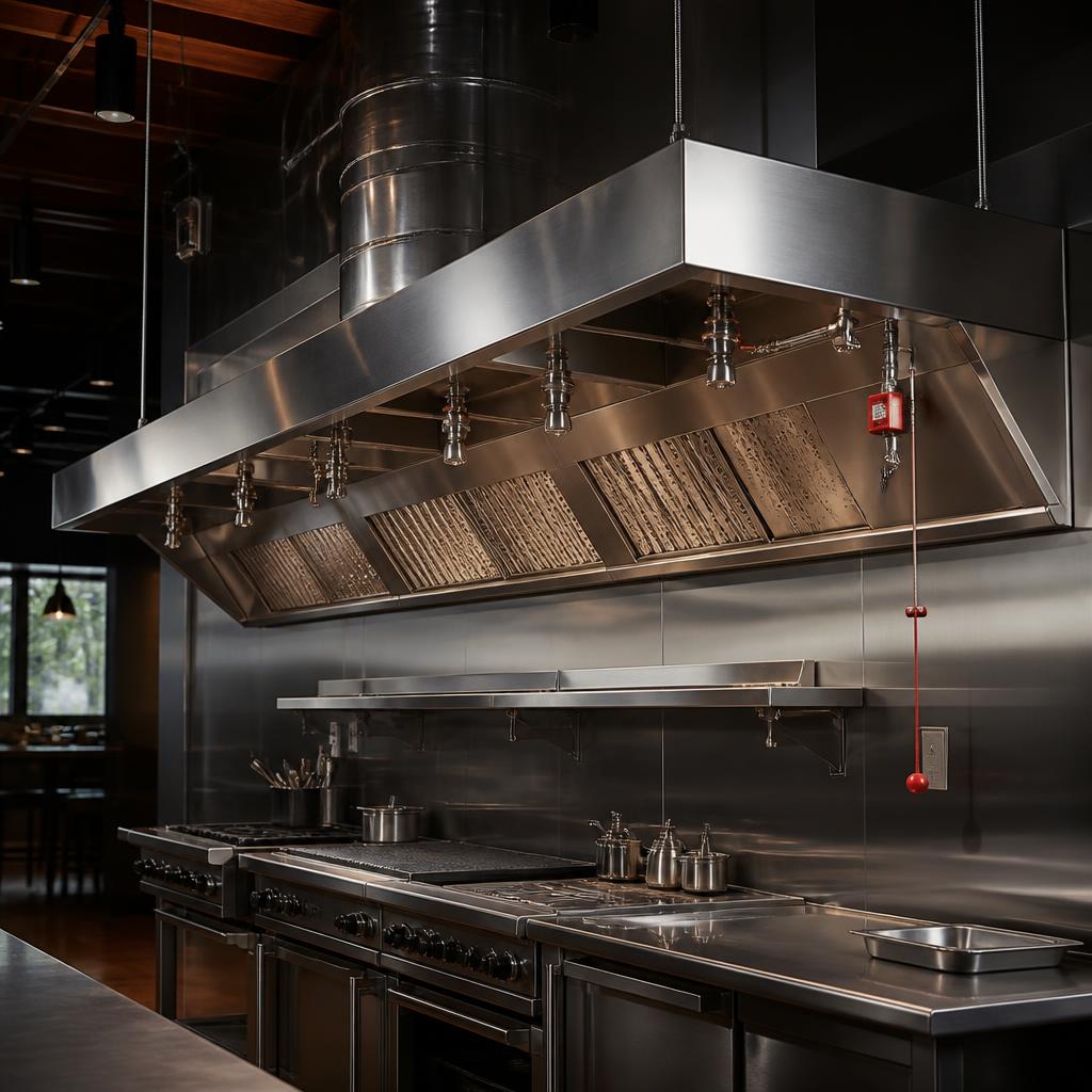 Stainless steel commercial kitchen exhaust hood with fire suppression system