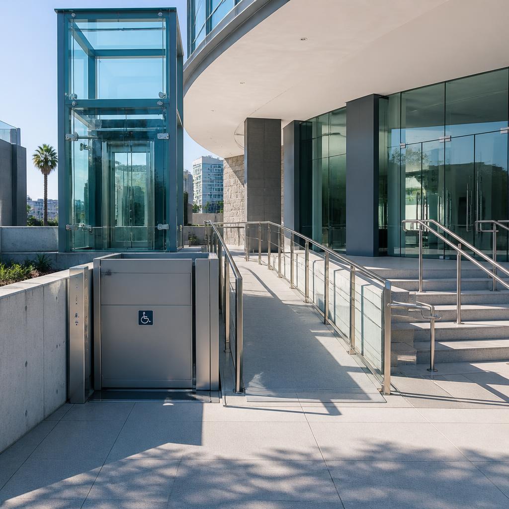 Modern commercial entrance with an exterior wheelchair lift and glass elevator enclosure