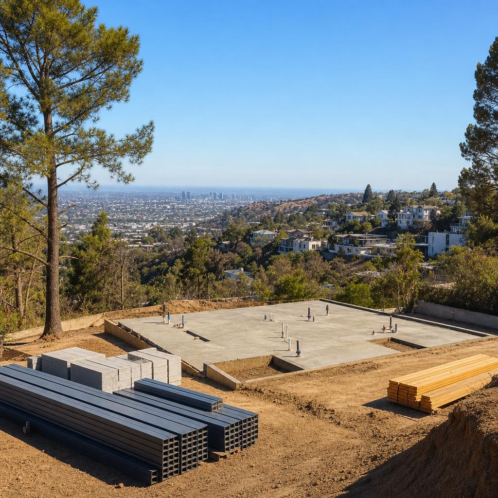 Cleared fire-damaged residential lot in Los Angeles prepared for rebuild