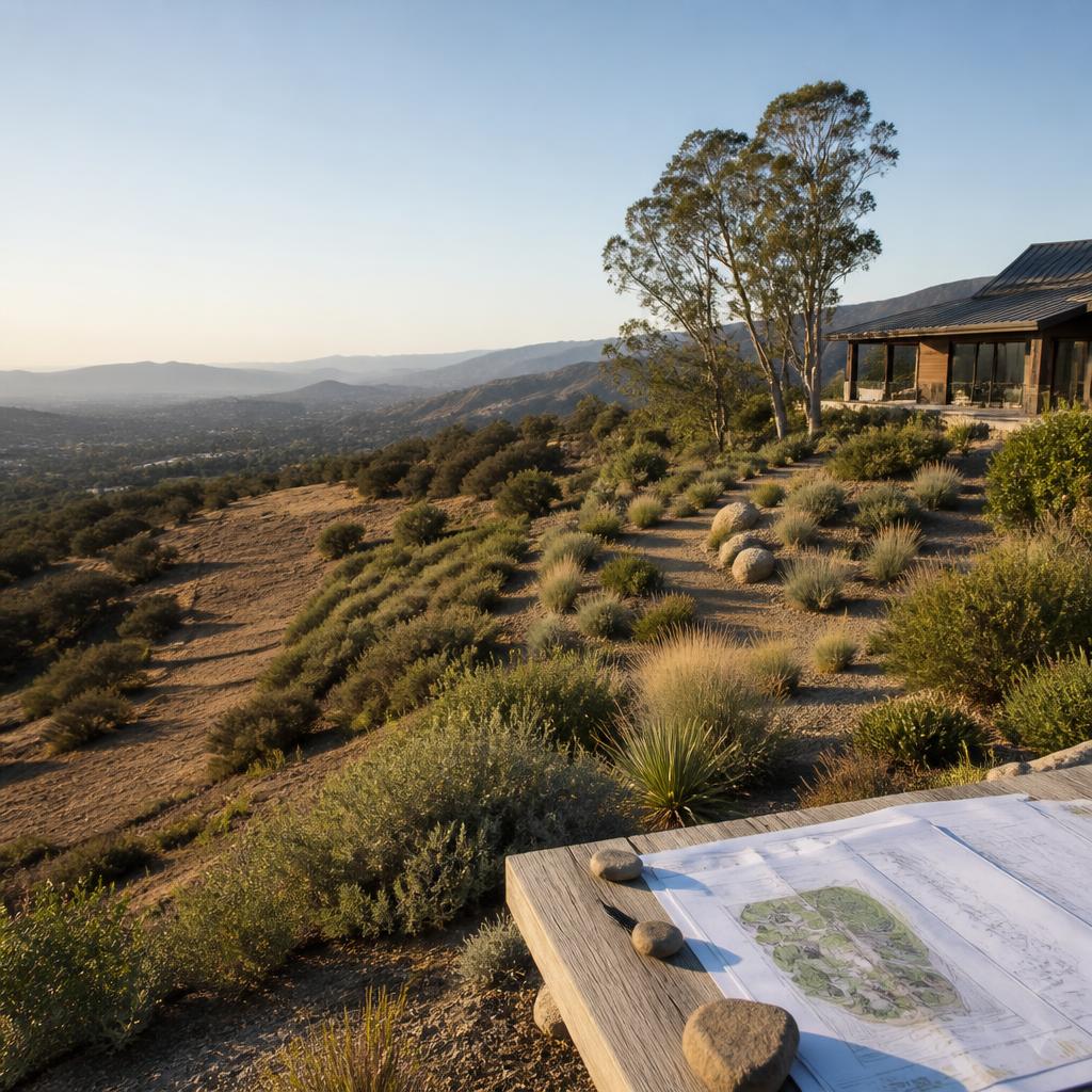 Fuel modification landscape zones around an Altadena wildfire rebuild