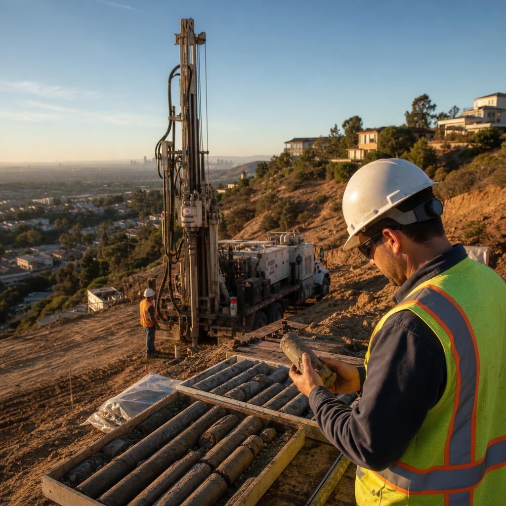 Geotechnical engineer examining soil boring samples on a Los Angeles hillside construction site