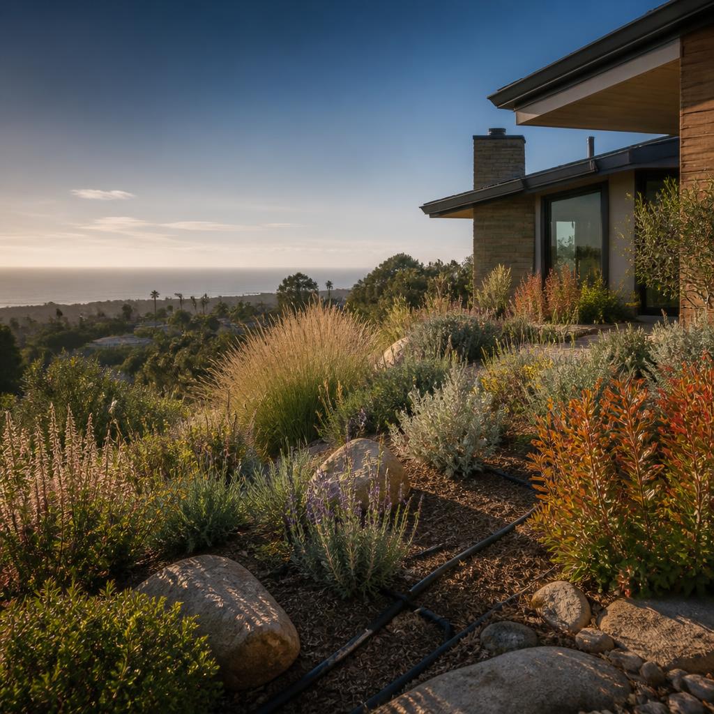 Graywater recycling system watering drought-resilient landscaping at a Los Angeles home