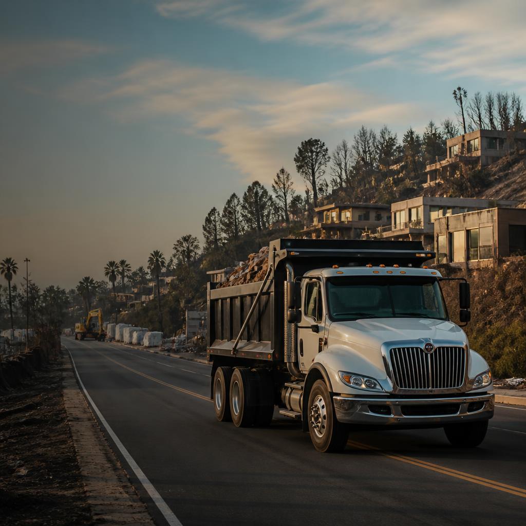 Dump truck hauling construction debris along a Los Angeles hillside rebuild route