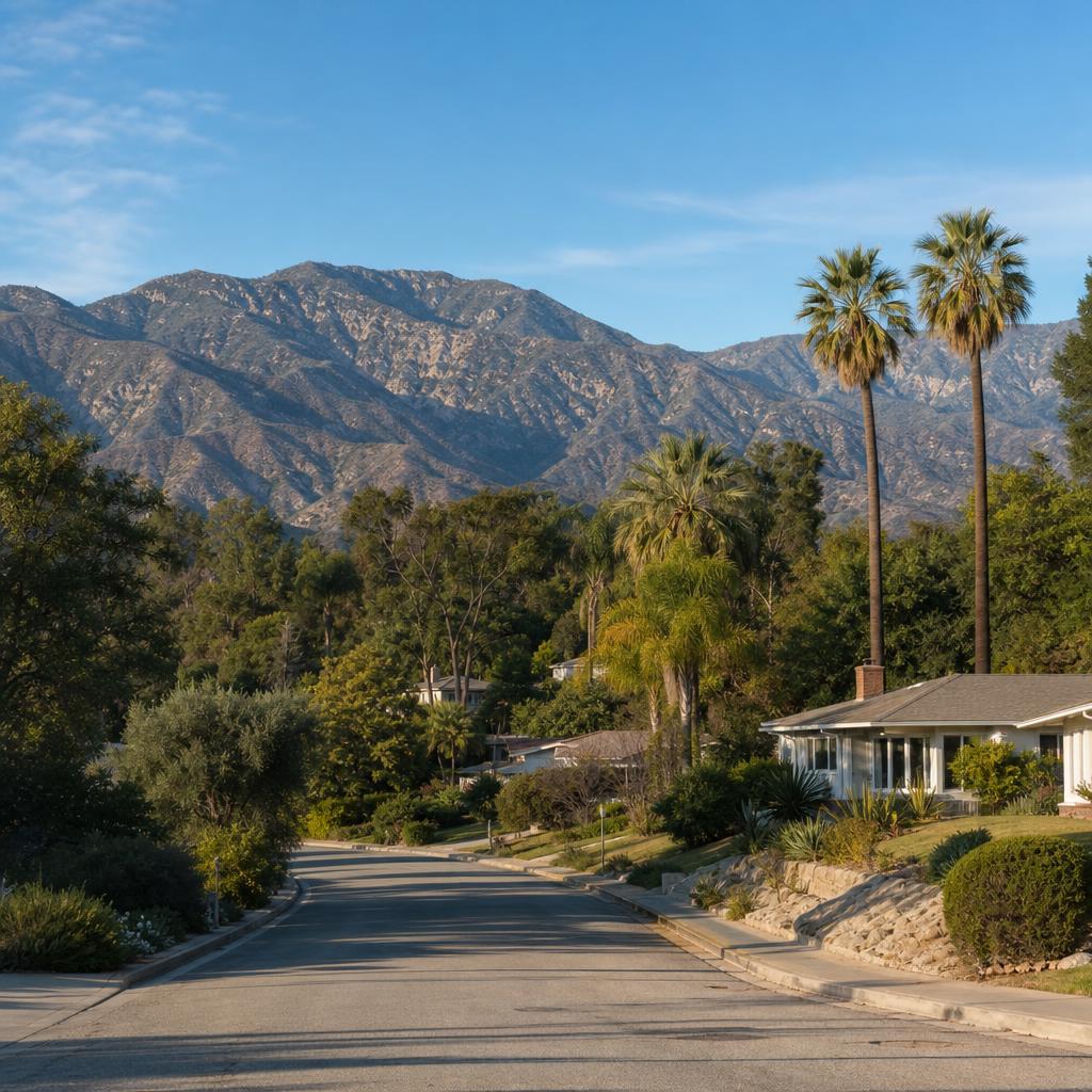 Hillside residential street in unincorporated Altadena, LA County, with the San Gabriel Mountains behind