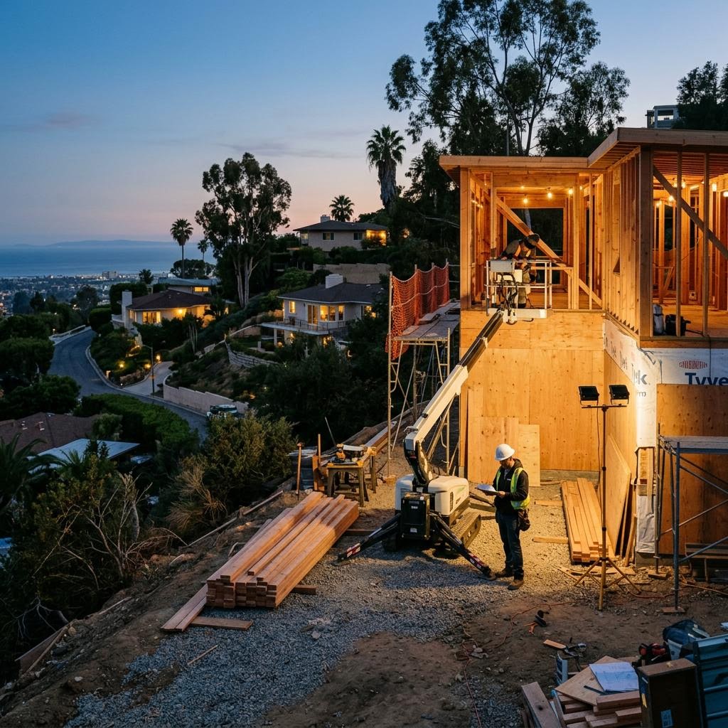 Representative illustration of an evening construction site, not an actual client project