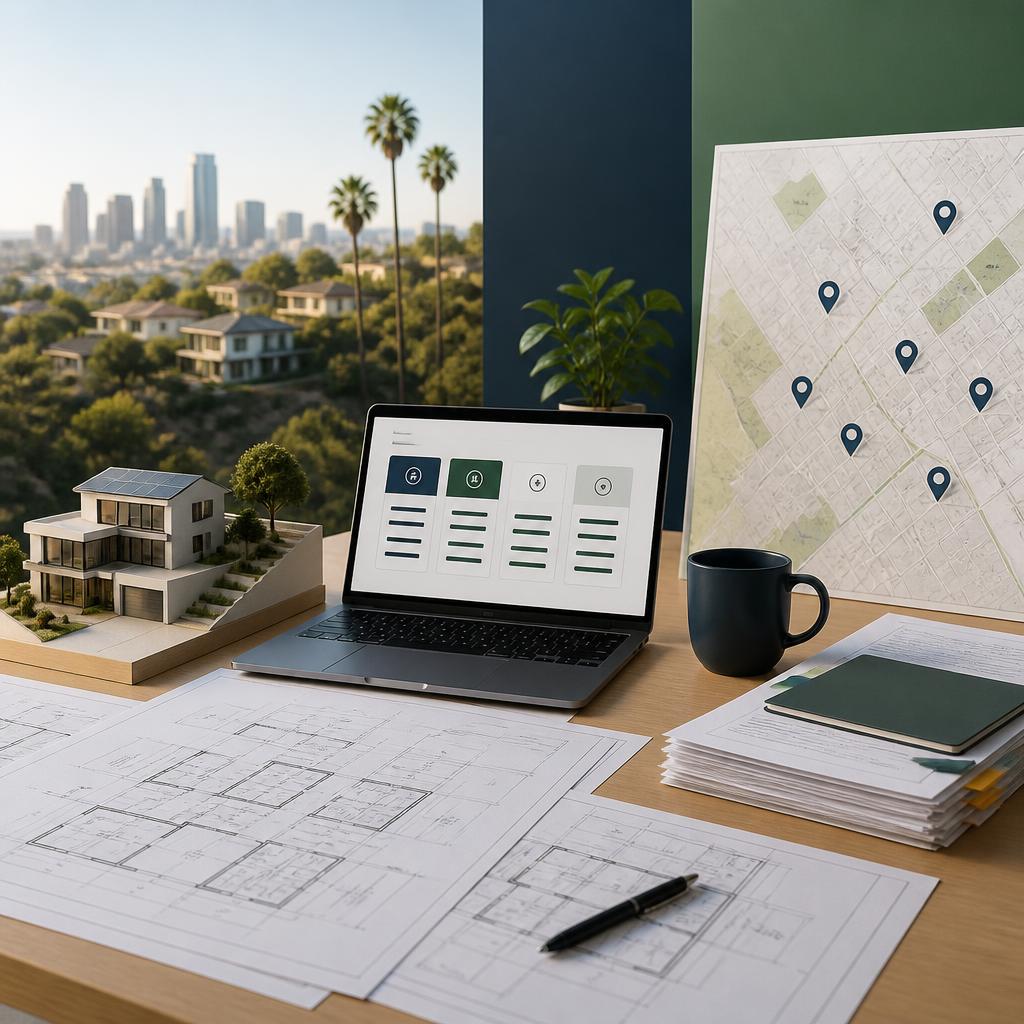 Architectural plans and a permit workflow comparing local Los Angeles expediting with enterprise plan review