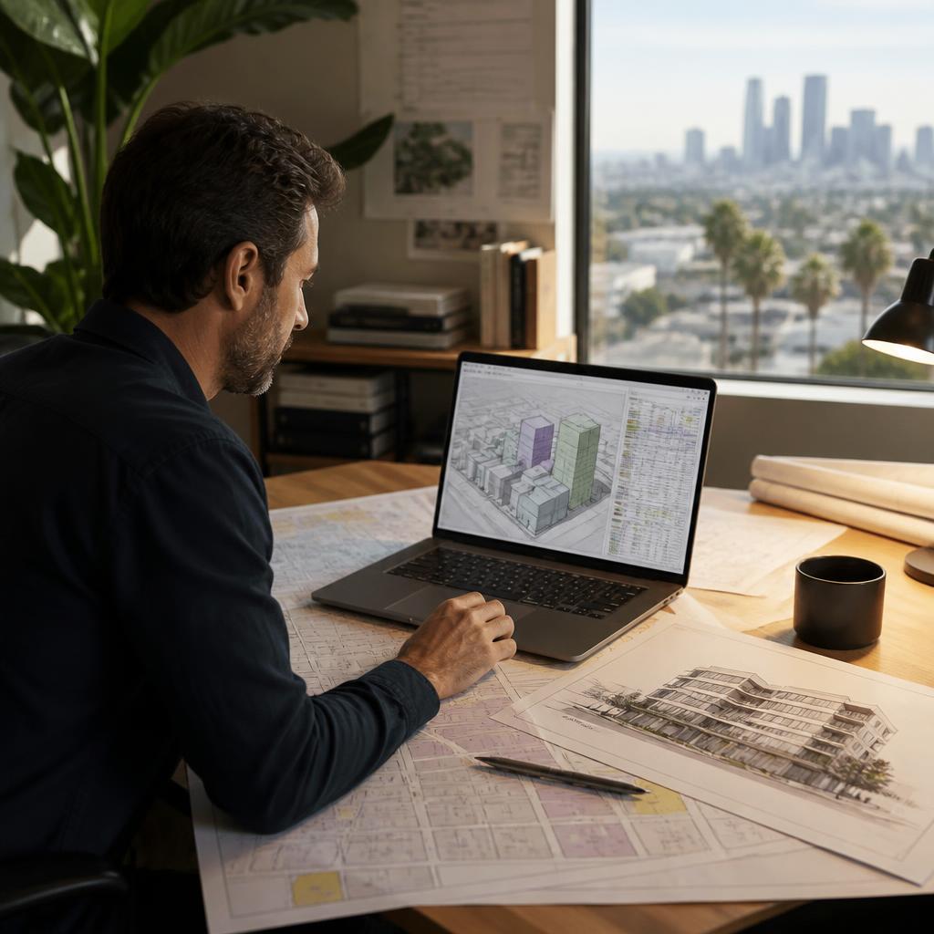 Permit professional comparing a zoning report with architectural plans