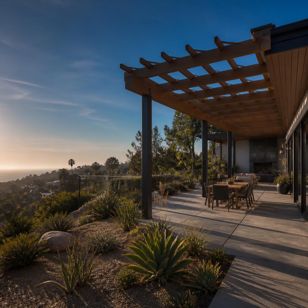 Open pergola and covered patio beside a Los Angeles home