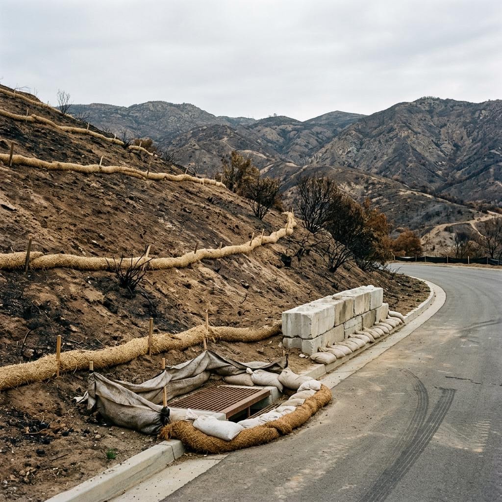 Representative post-fire hillside with temporary fiber rolls and protective debris barriers, illustrating erosion mitigation rather than a site-specific engineered design