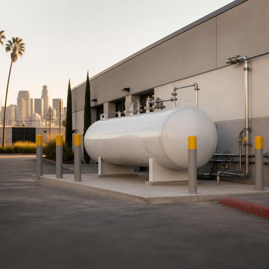 Above-ground propane tank installation beside a clean commercial building in Los Angeles