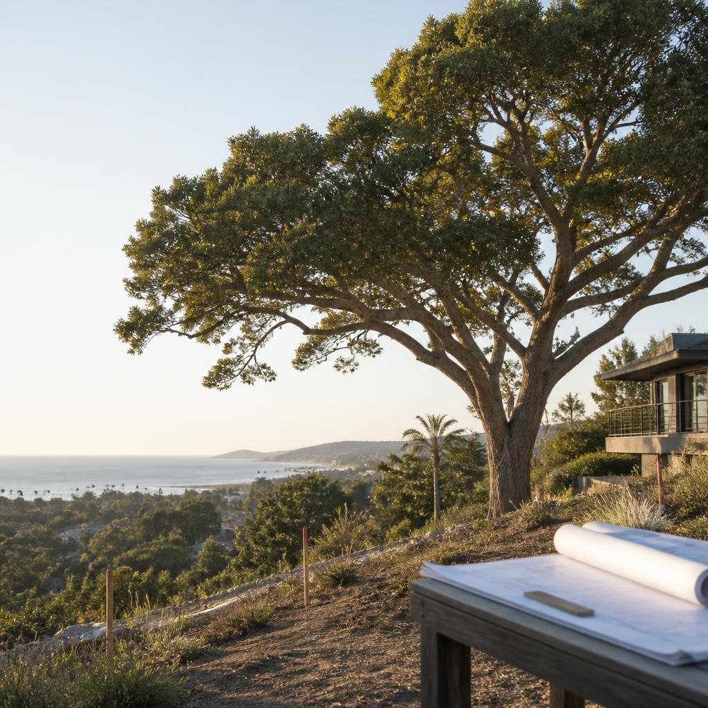 Protected native oak tree beside a Los Angeles hillside property under permit review