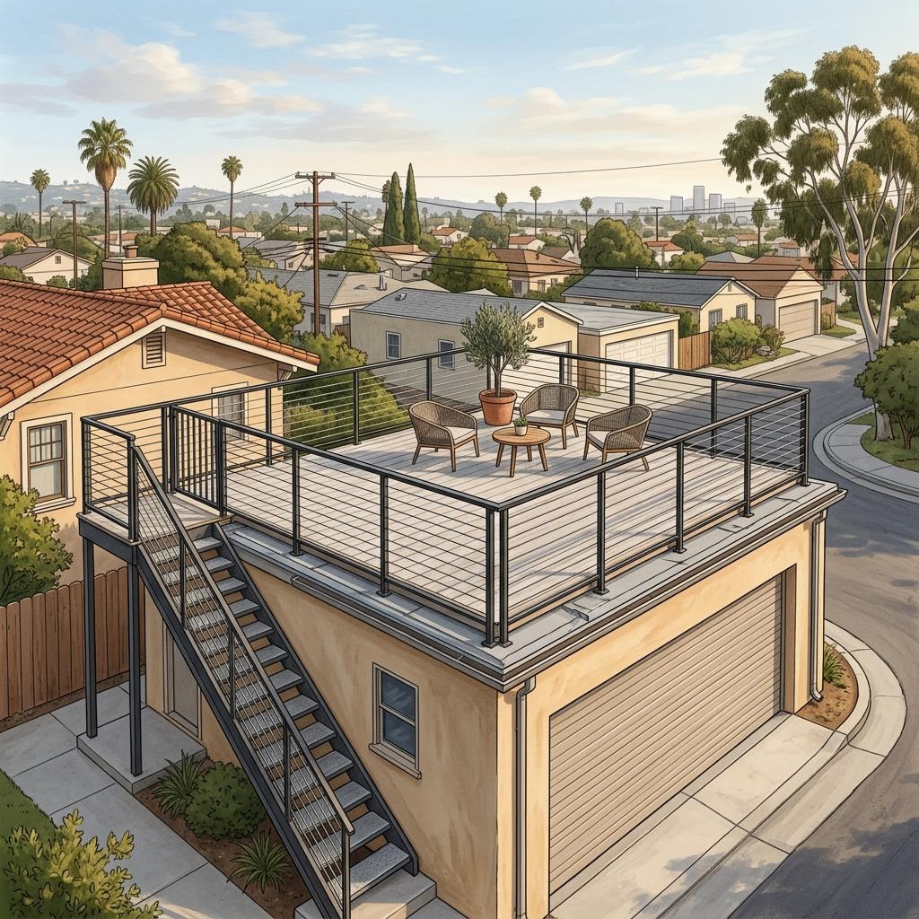 Representative illustration of a residential roof deck with guards and stair access, not a specific property