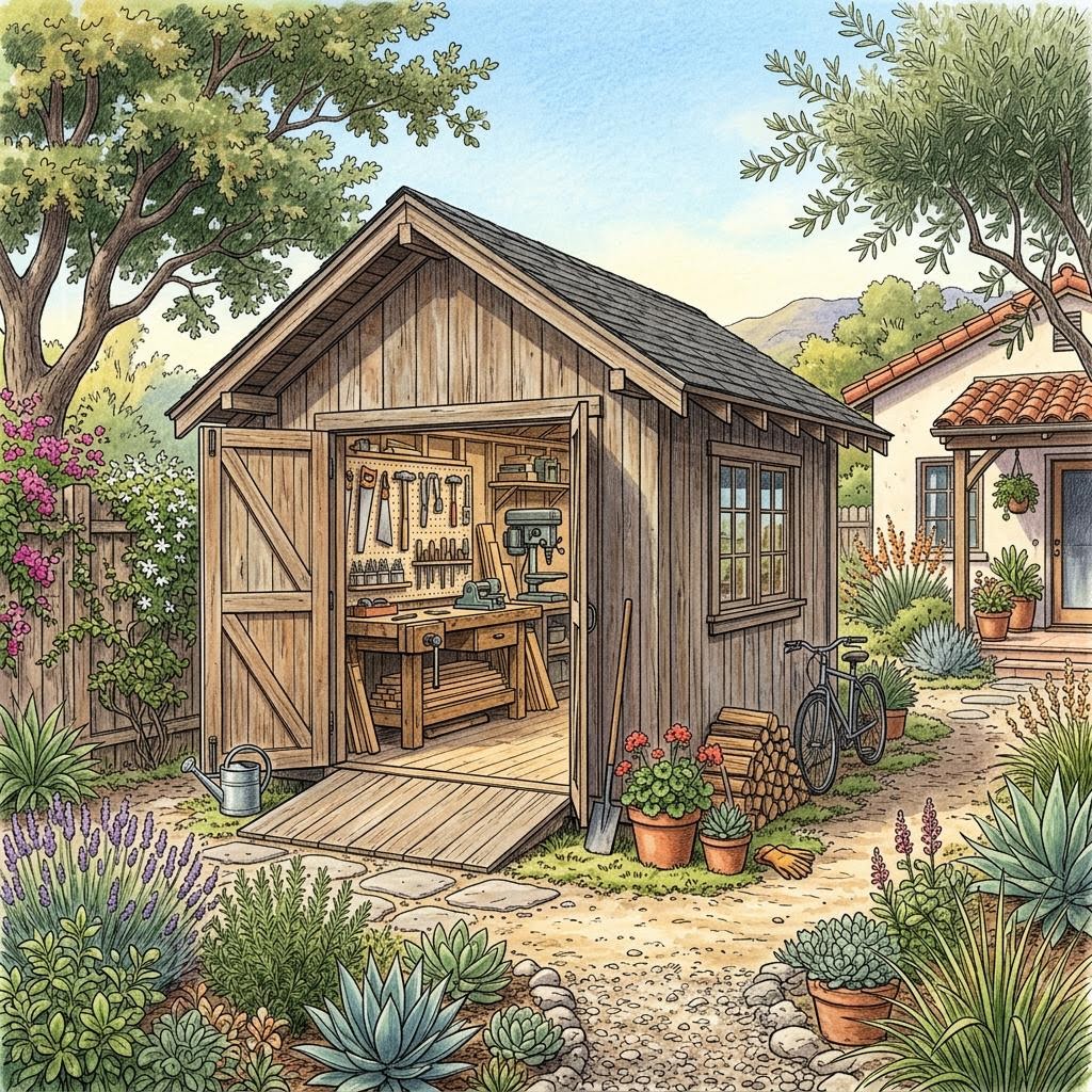 Representative illustration of a backyard accessory shed, not a client project or permit drawing