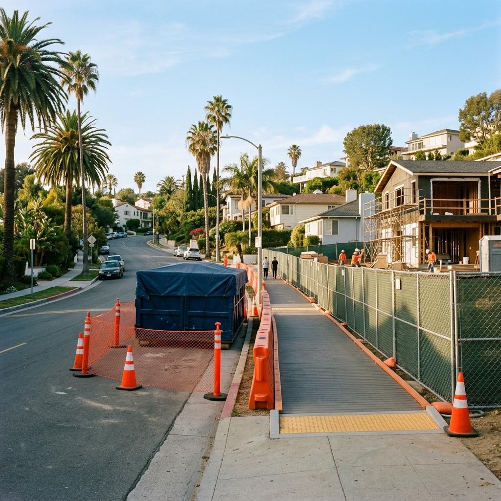 Representative illustration of a construction sidewalk closure with a protected pedestrian route, not an actual client project