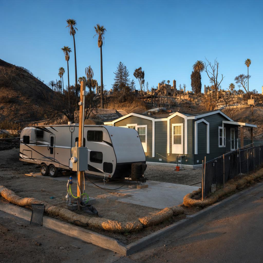 RV and manufactured home on a cleared fire-damaged residential lot during rebuilding in Los Angeles