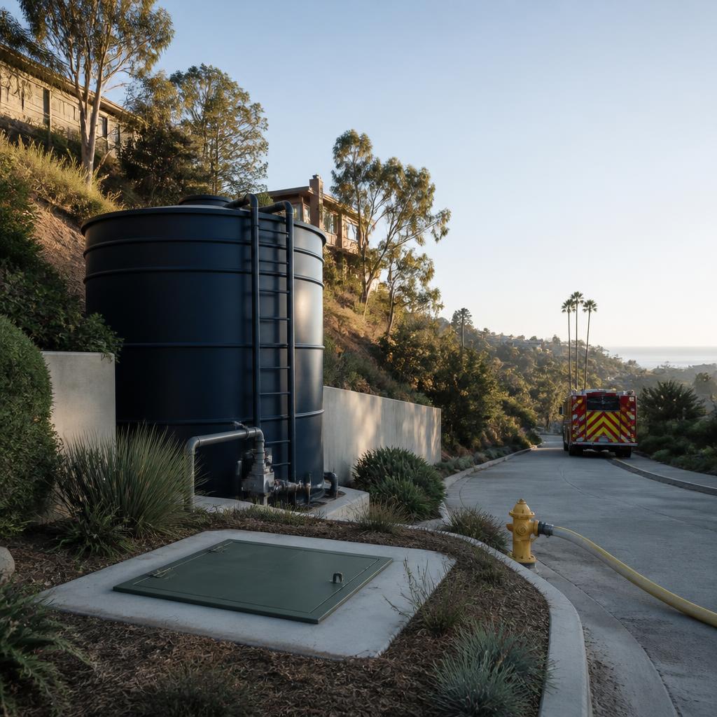 Private fire-water tank and cistern access on a Los Angeles hillside rebuild site