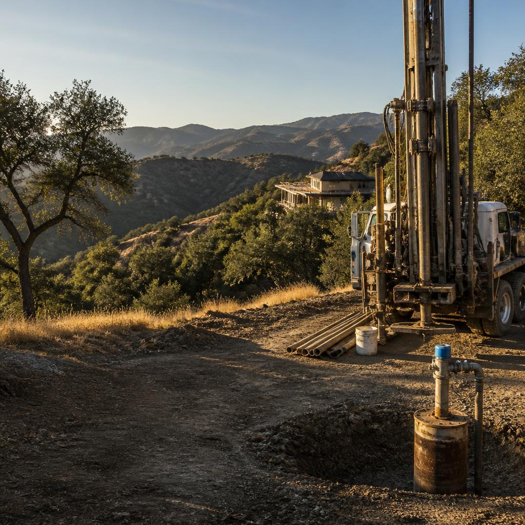 Private well drilling rig on a rural California hillside property