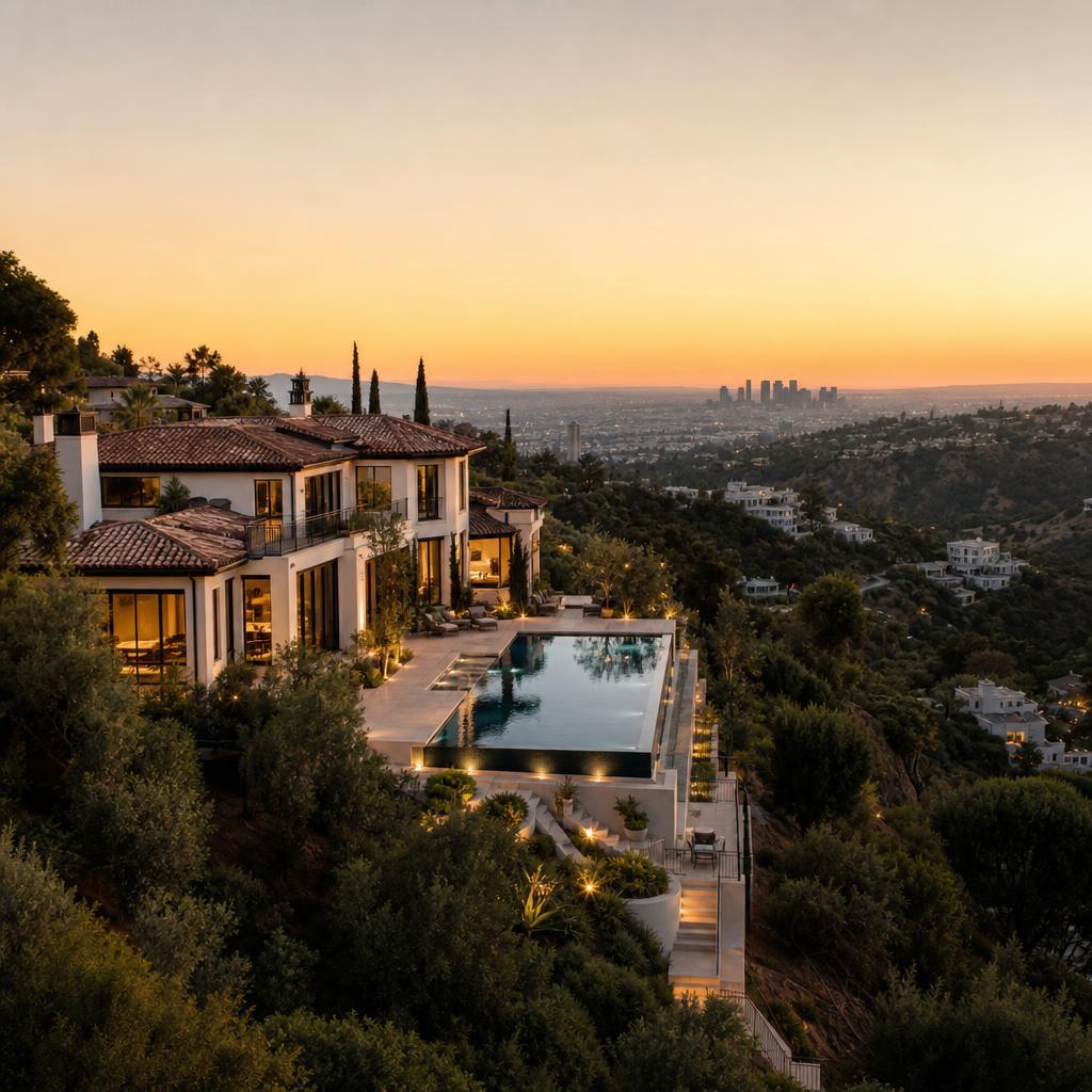 Bel Air Los Angeles hillside estate home at dusk