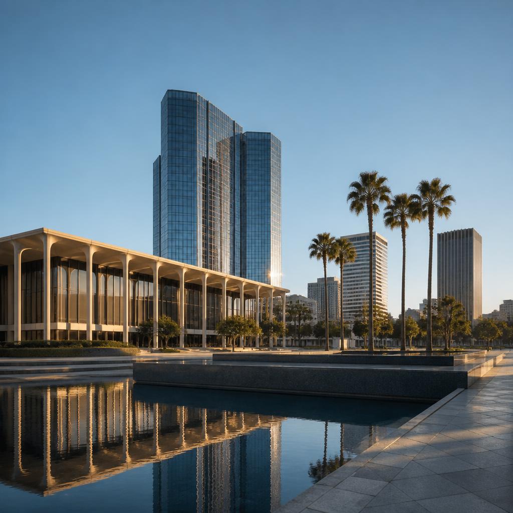 Modern Century City office towers and landscaped plaza in Los Angeles