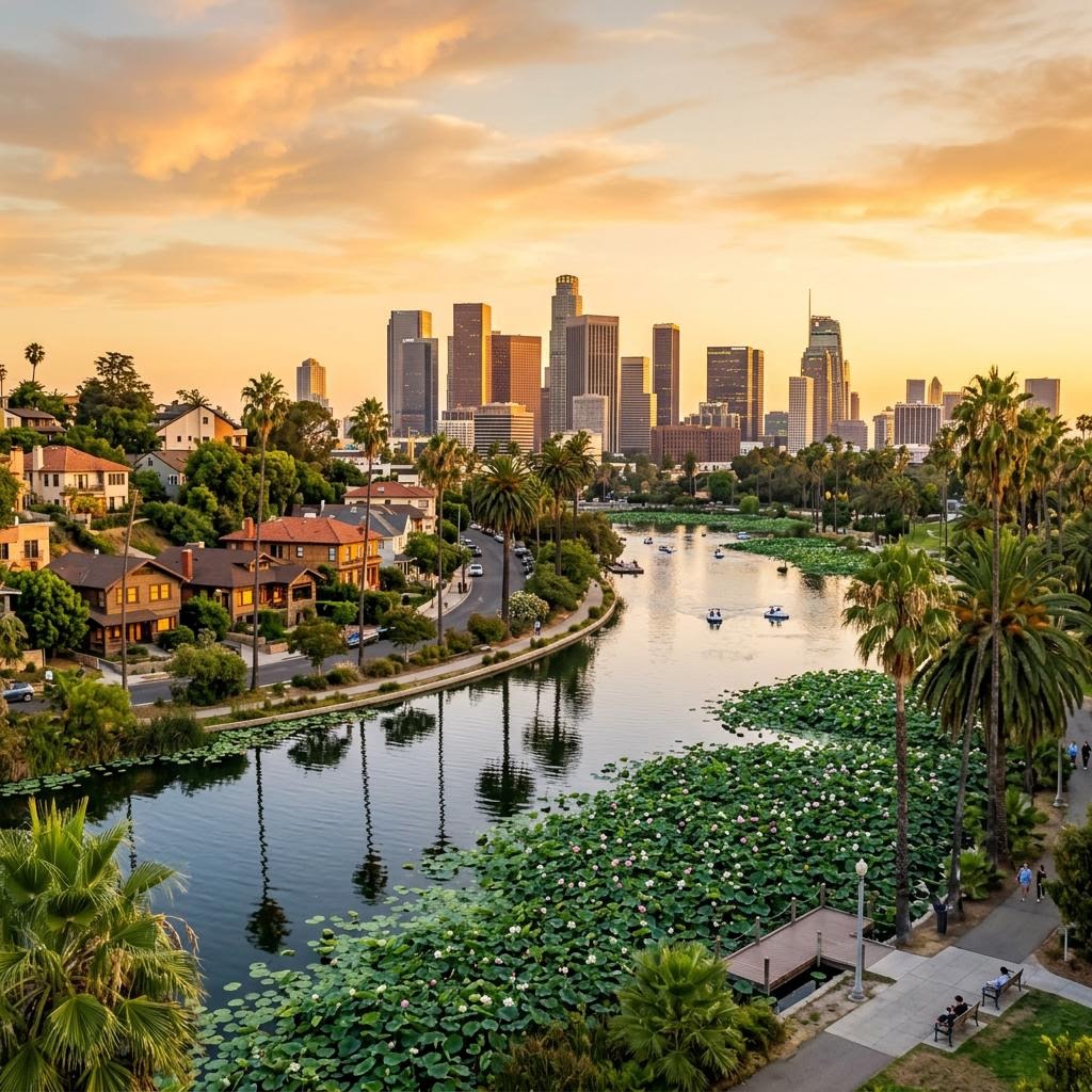Echo Park Lake with the Los Angeles skyline in the distance