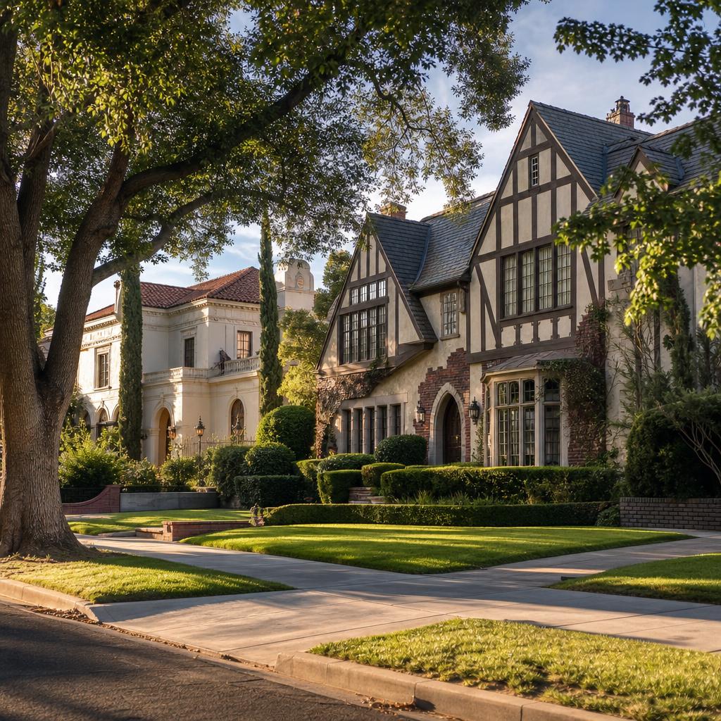 Historic Tudor and Mediterranean Revival homes on a Hancock Park, Los Angeles street
