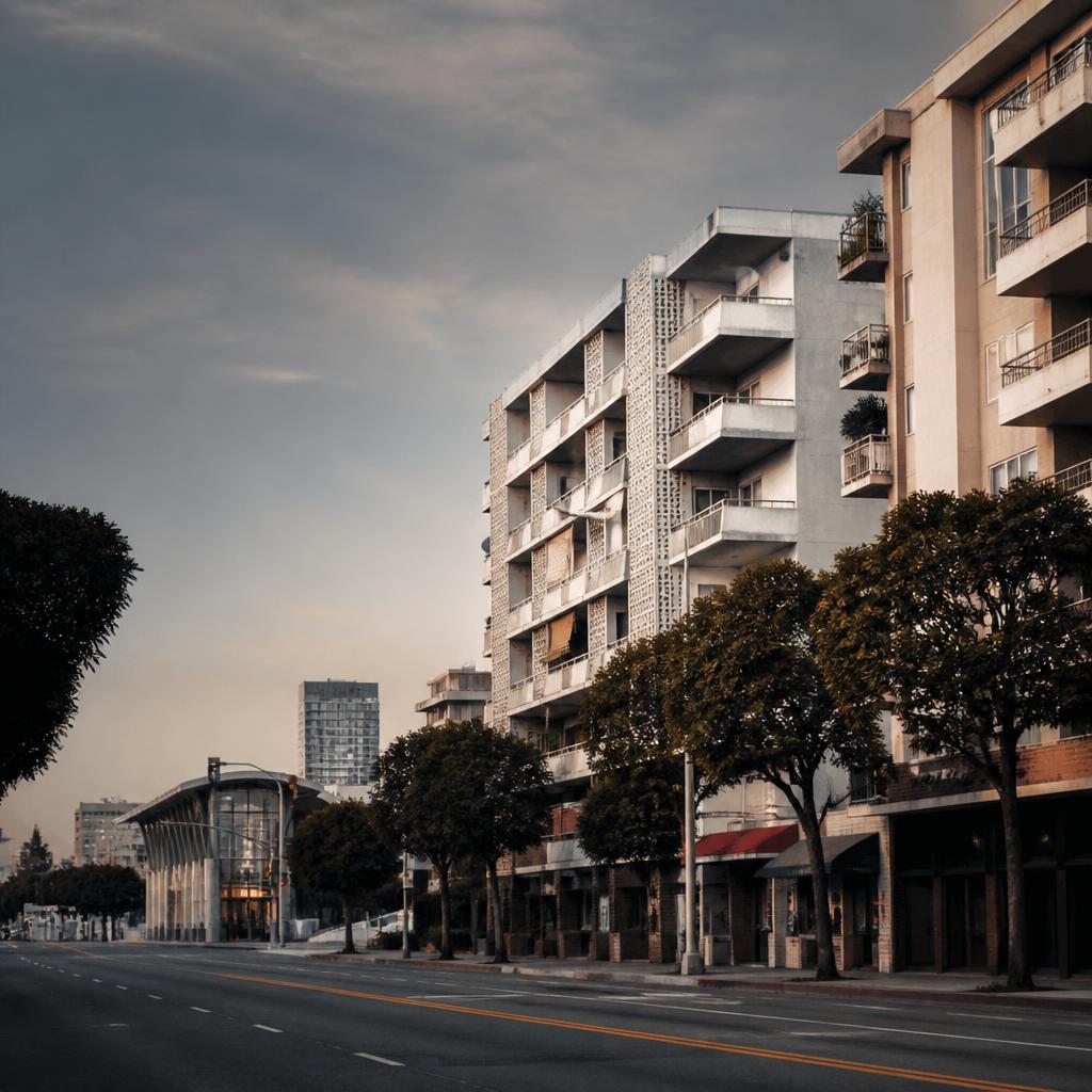 Densely built Koreatown Los Angeles streets, apartment buildings, and urban transit corridor