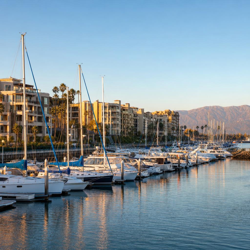 Marina del Rey harbor with docked sailboats and waterfront condos