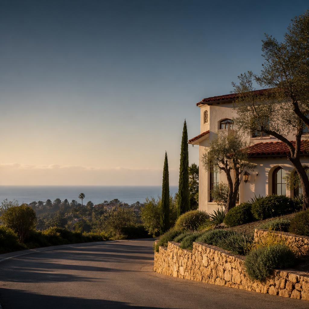 Spanish Colonial Revival residence and coastal landscape in Palos Verdes Estates