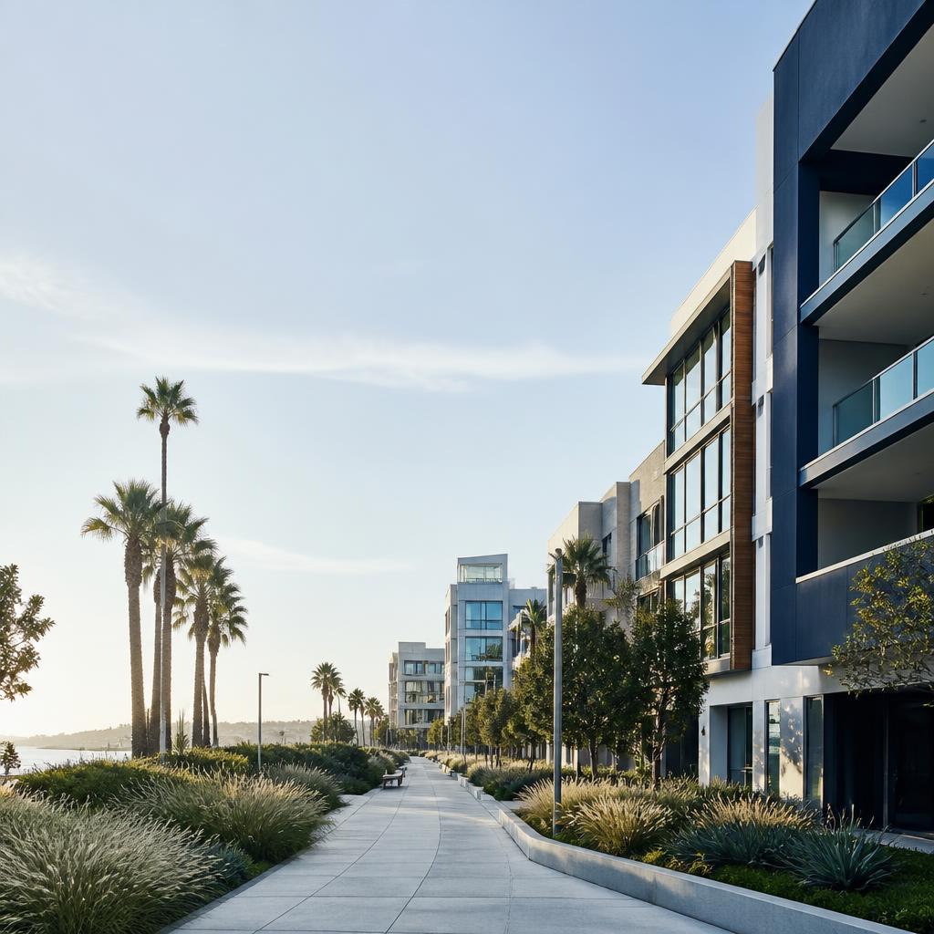 Modern Playa Vista mixed-use streetscape with landscaped pedestrian space