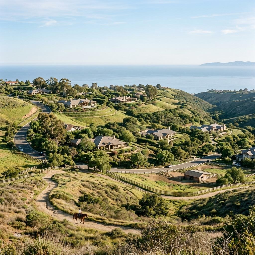 Hillside homes, horse trails, and ocean view in Rolling Hills Estates