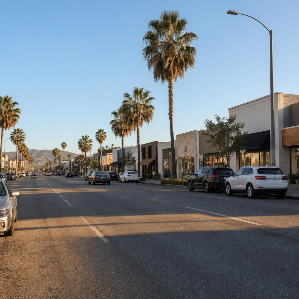 Ventura Boulevard commercial corridor street scene in Tarzana, Los Angeles