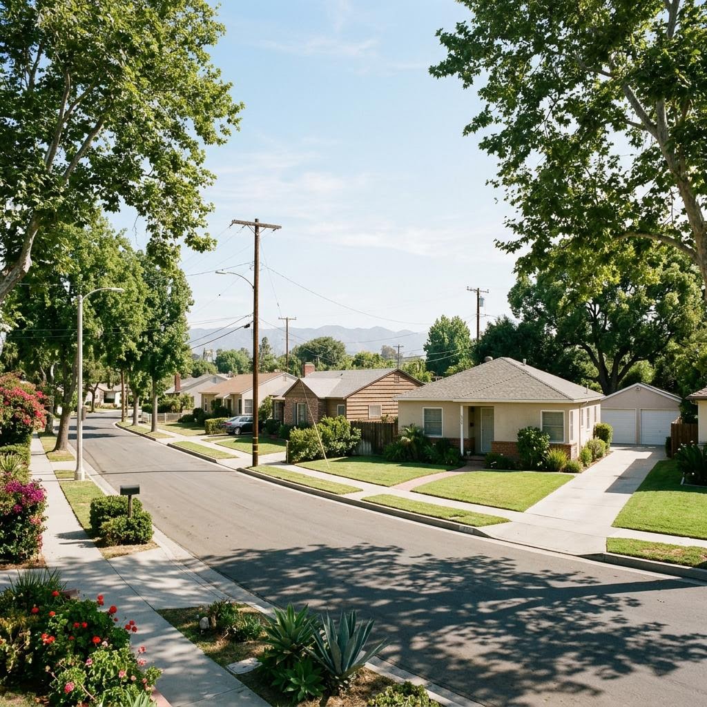 Representative illustration of a flat San Fernando Valley residential street with ranch homes, not a photo of a specific parcel