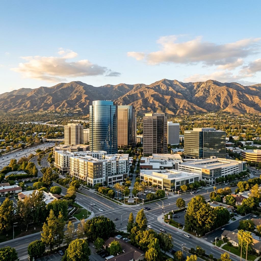 Woodland Hills and the Warner Center skyline against the Santa Monica Mountains