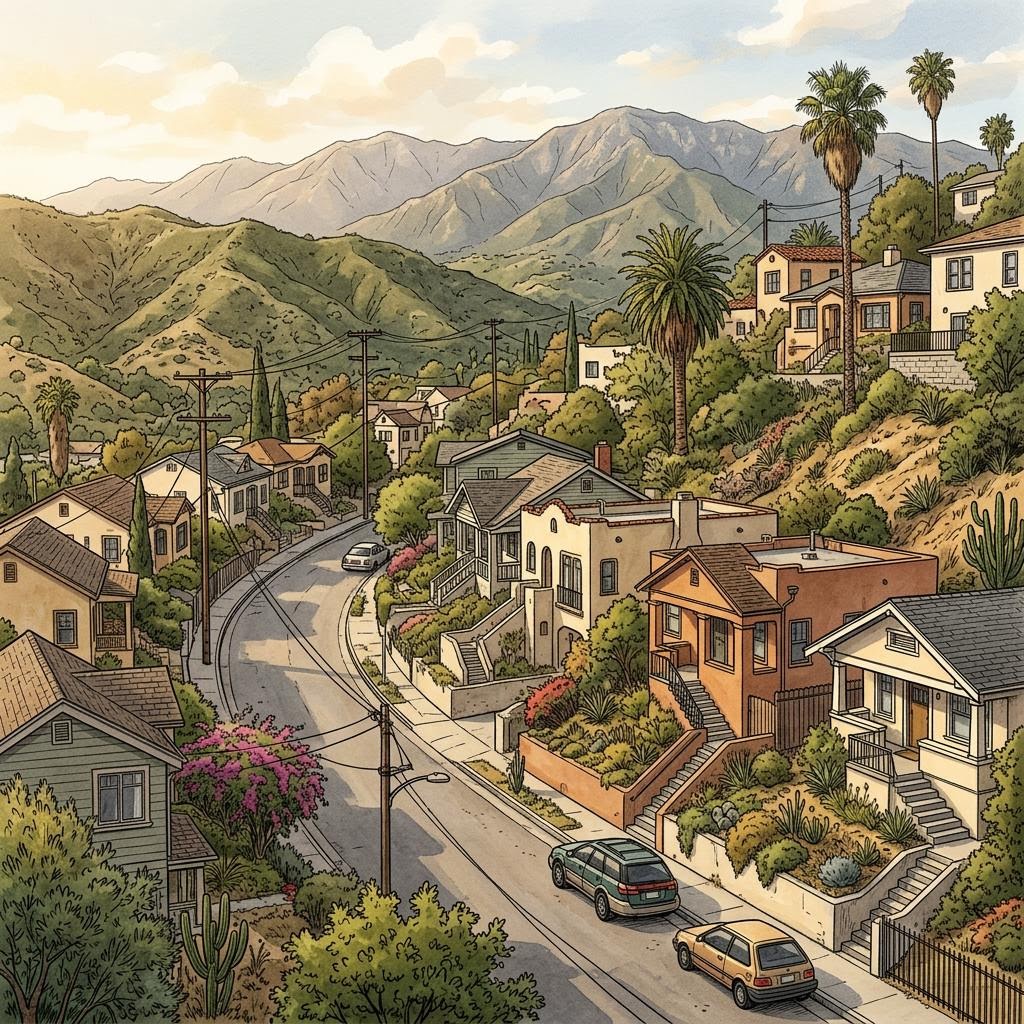 Representative illustration of hillside homes and streets in Glassell Park, Northeast Los Angeles, not a photo of a specific parcel