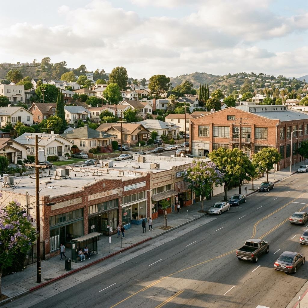 Illustrative Lincoln Heights Los Angeles street with older homes and North Broadway storefronts