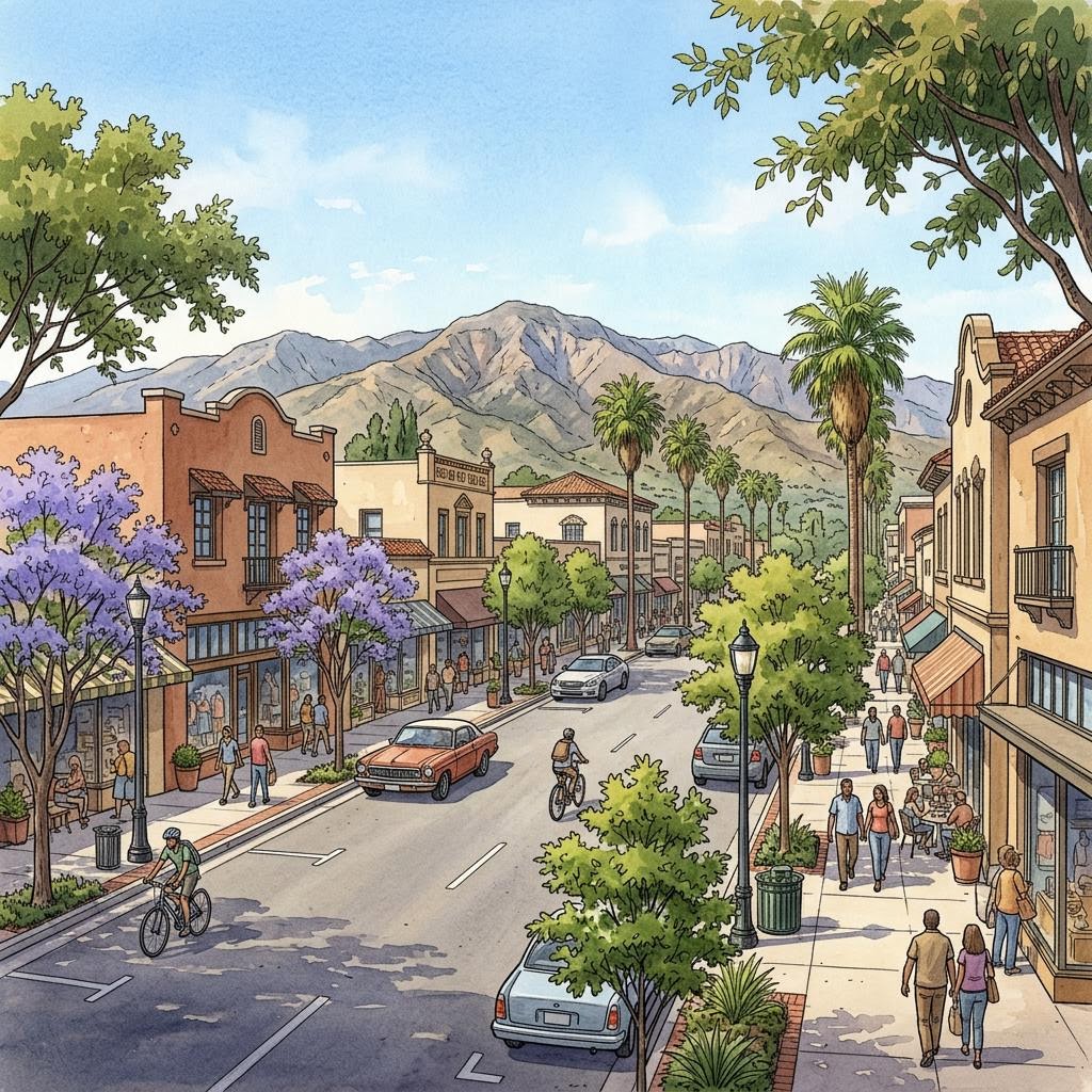 Representative illustration of a San Fernando commercial street and homes, not a photo of a specific parcel