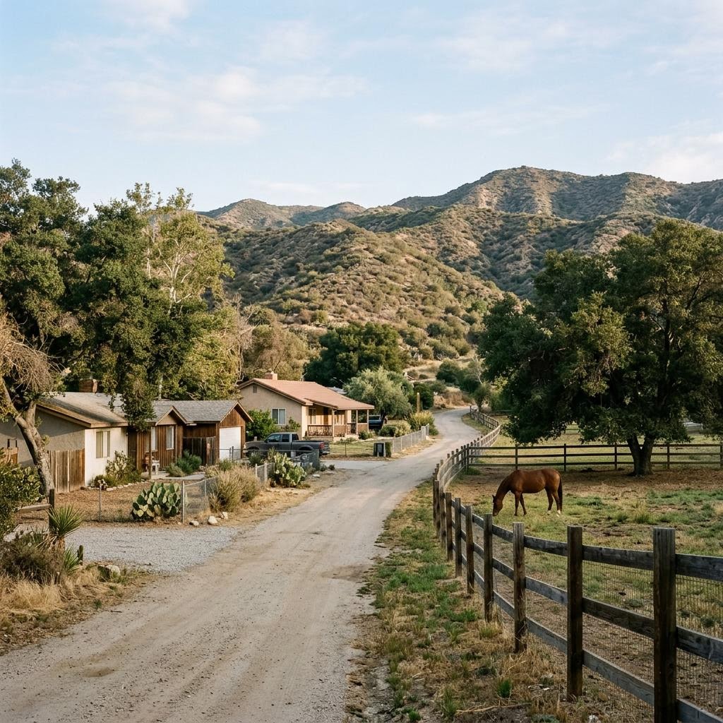 Representative illustration of a foothill equestrian property with a stable and riding trail, not a photo of a specific parcel