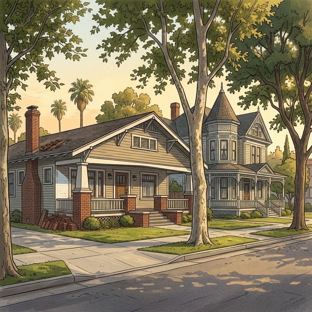 Historic Craftsman and Victorian homes on a tree-lined street in West Adams, Los Angeles