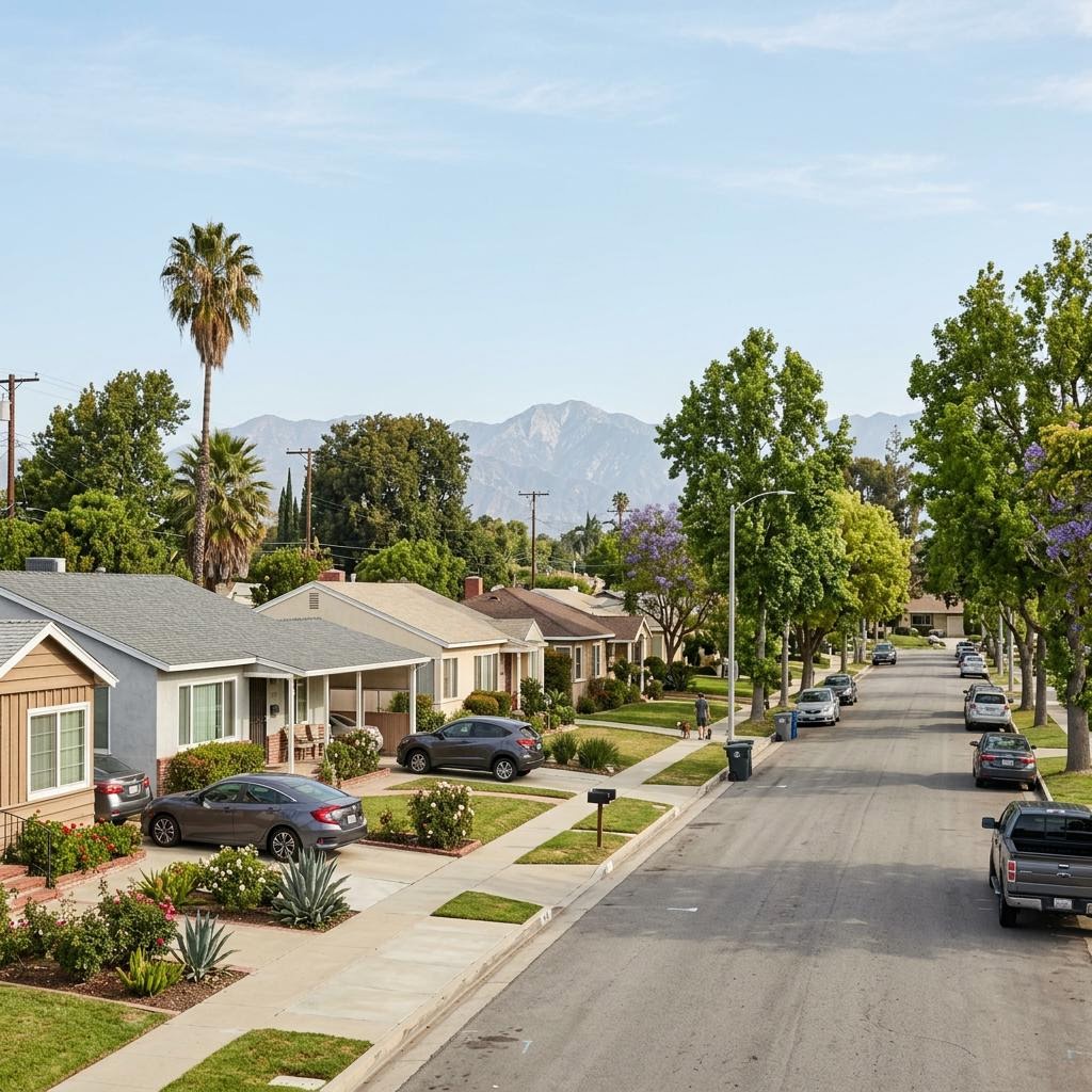 Representative illustration of a tree-lined San Gabriel Valley residential street with mountains beyond, not a photo of a specific parcel