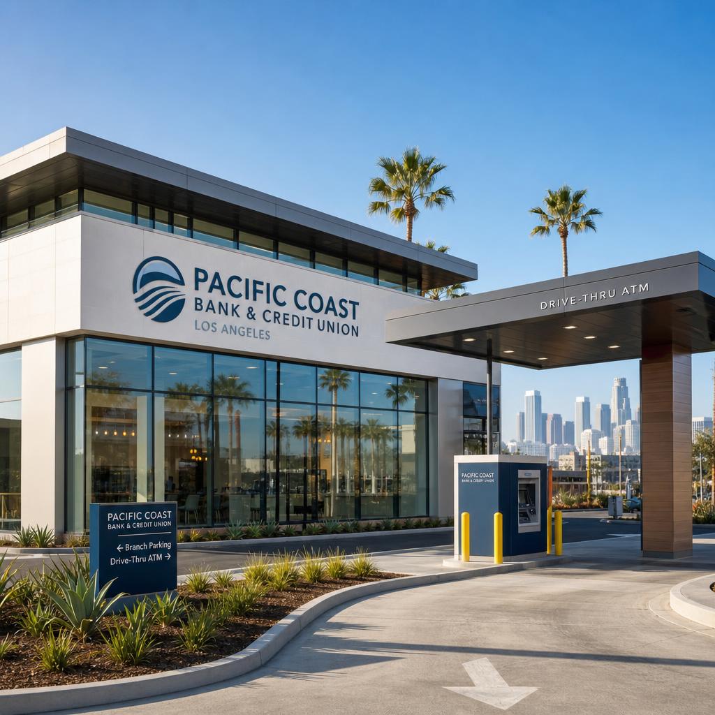 Modern bank and credit union branch exterior with drive-thru ATM lane in Los Angeles