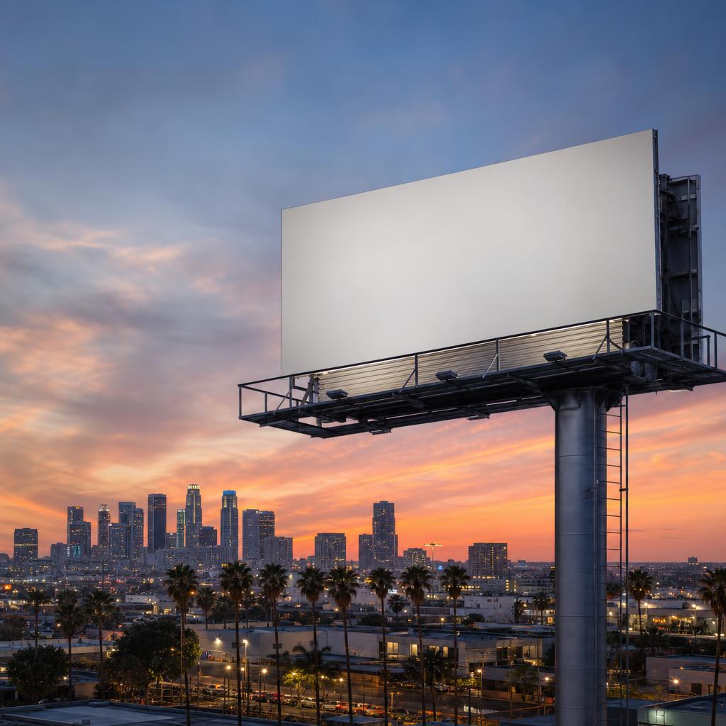 Large outdoor advertising billboard and pole sign structure against an urban Los Angeles skyline