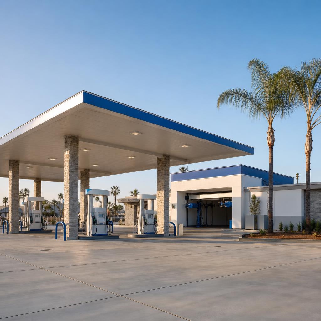 Modern car wash and gas station with fuel canopy in Los Angeles