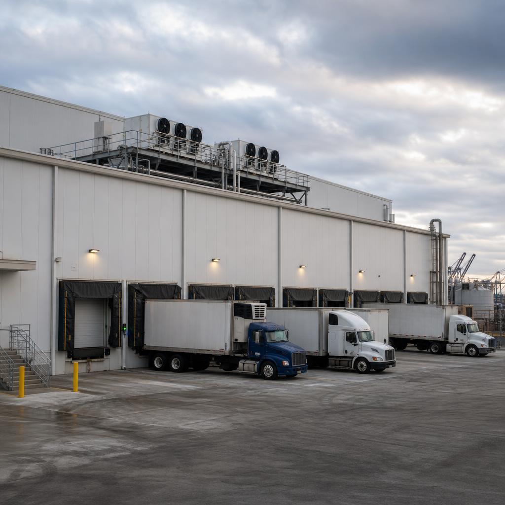 Refrigerated distribution warehouse loading dock with rooftop ammonia refrigeration equipment