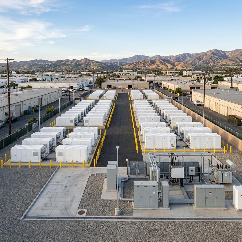 Commercial battery energy storage cabinets installed beside a Los Angeles industrial building with electrical switchgear