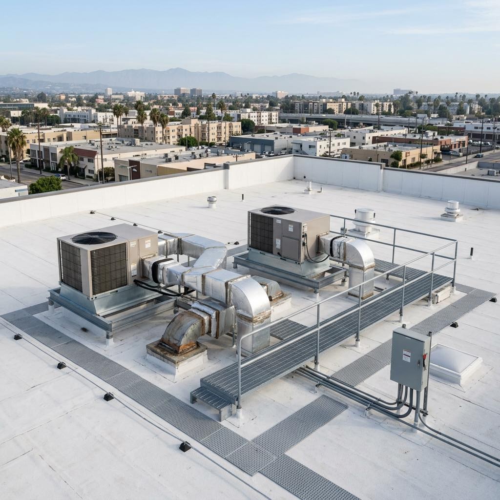 Representative illustration of commercial rooftop HVAC units, ductwork and service access on a Los Angeles commercial building