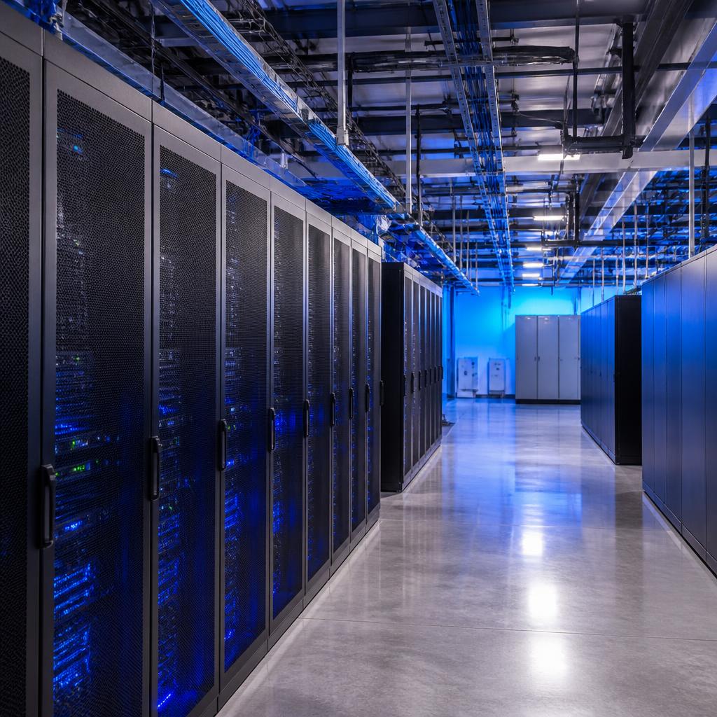 Server racks and cooling infrastructure inside a Los Angeles data center