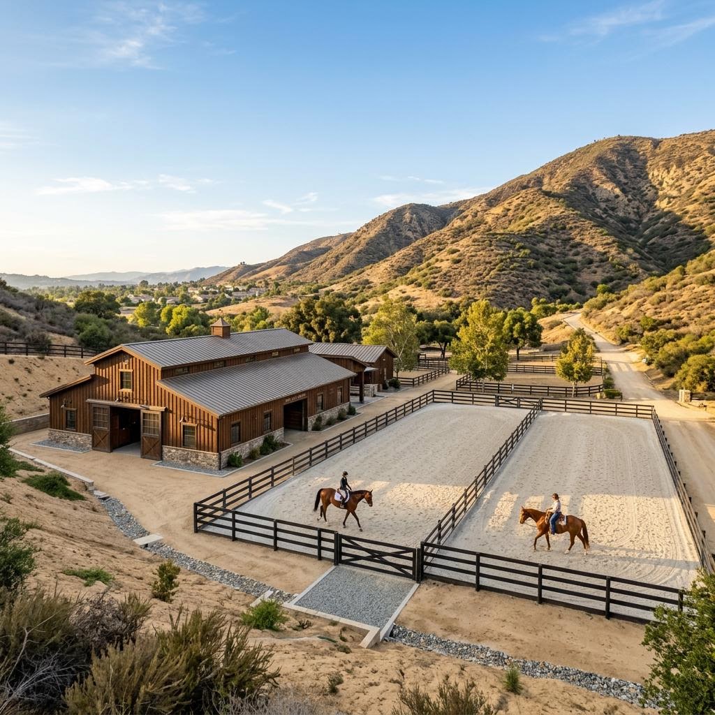 Representative illustration of a horse barn, paddocks and riding arena in the Los Angeles foothills, not a photo of a specific property