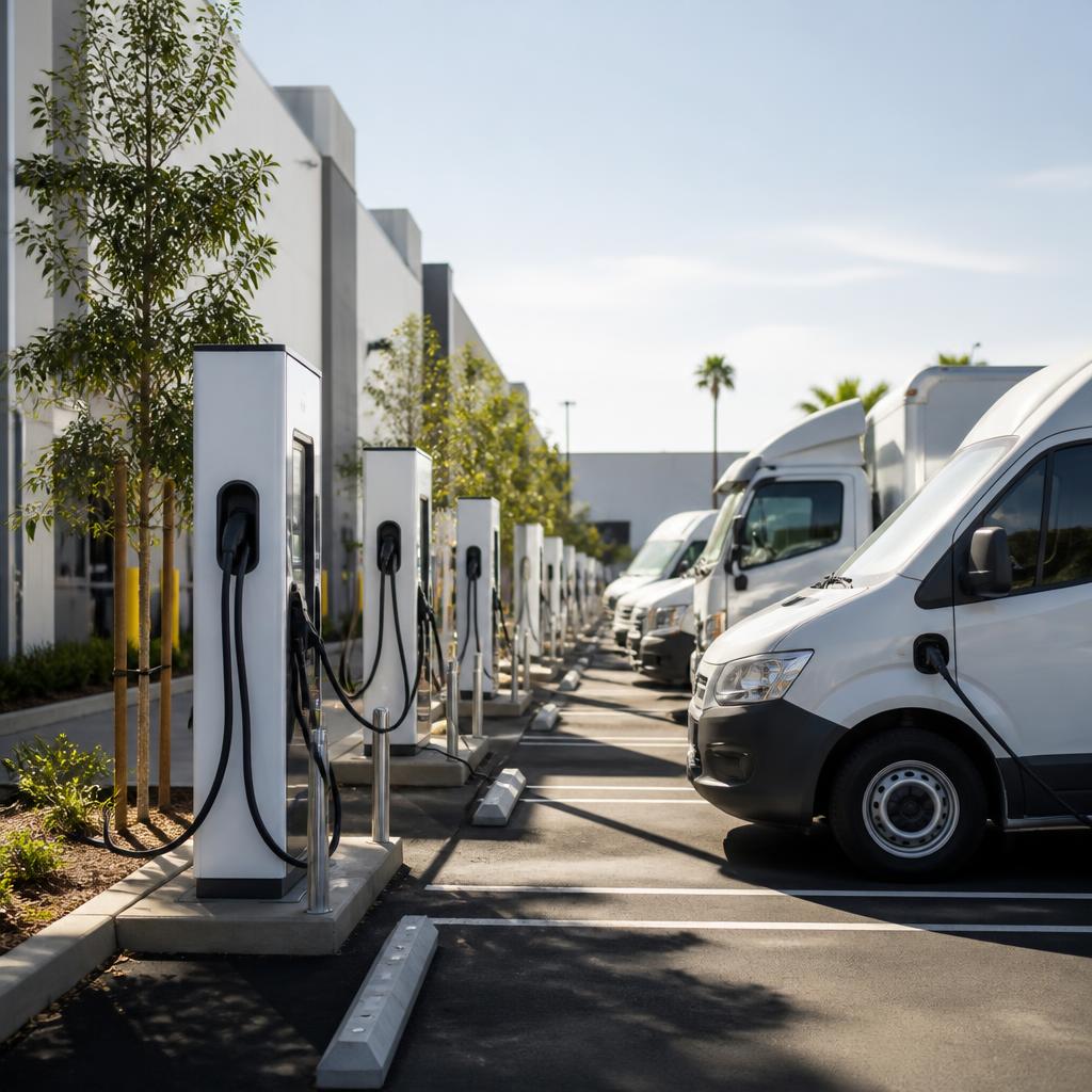 Multi-port DC fast chargers at a commercial electric fleet and logistics yard
